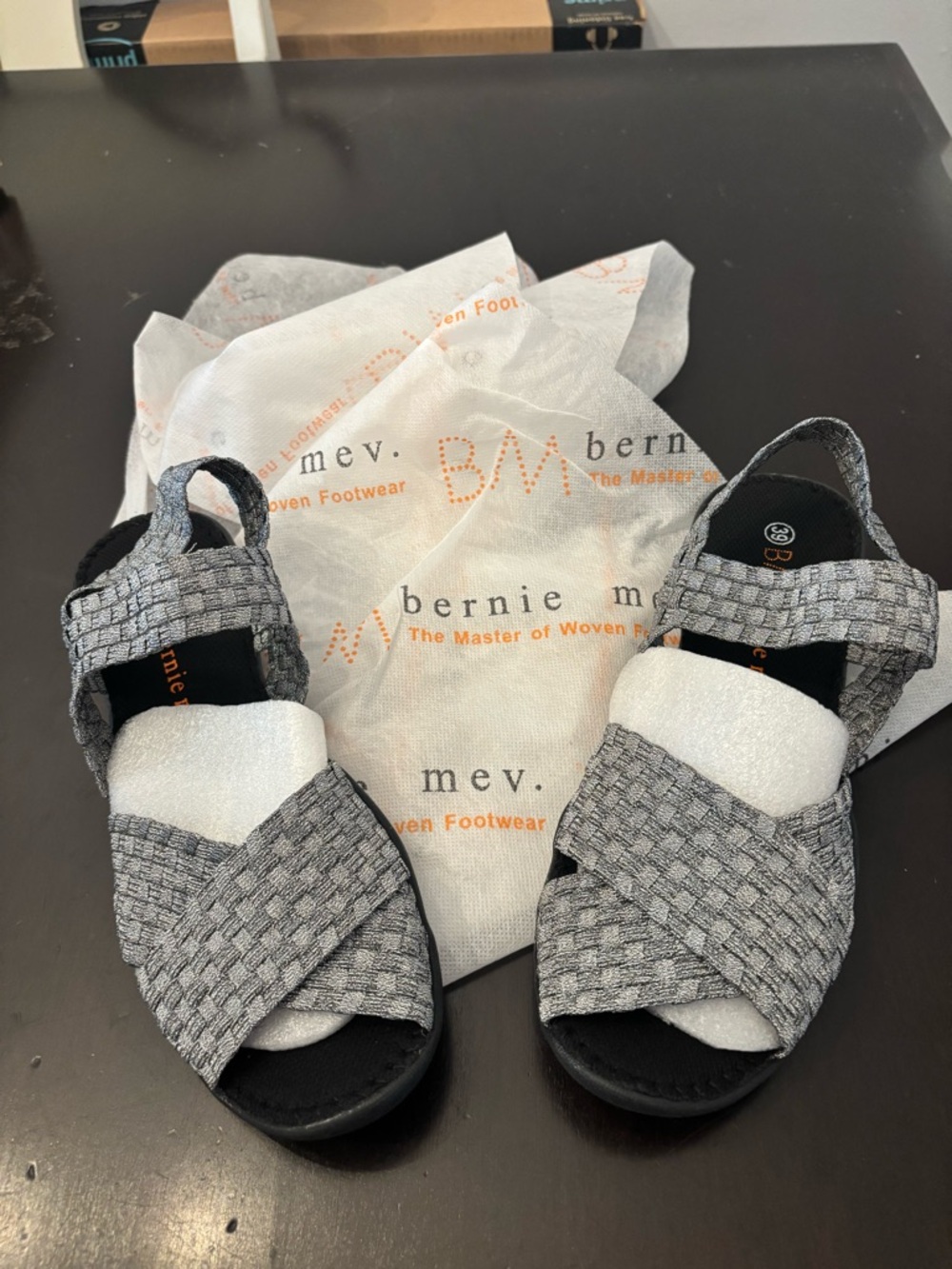 bernie mev. Women's Silver Gray Woven Slingback Sandals